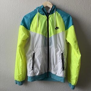 Nike Size S Windbreaker Jacket Hooded Yellow Teal White‎ Y2K/2000s Vintage U